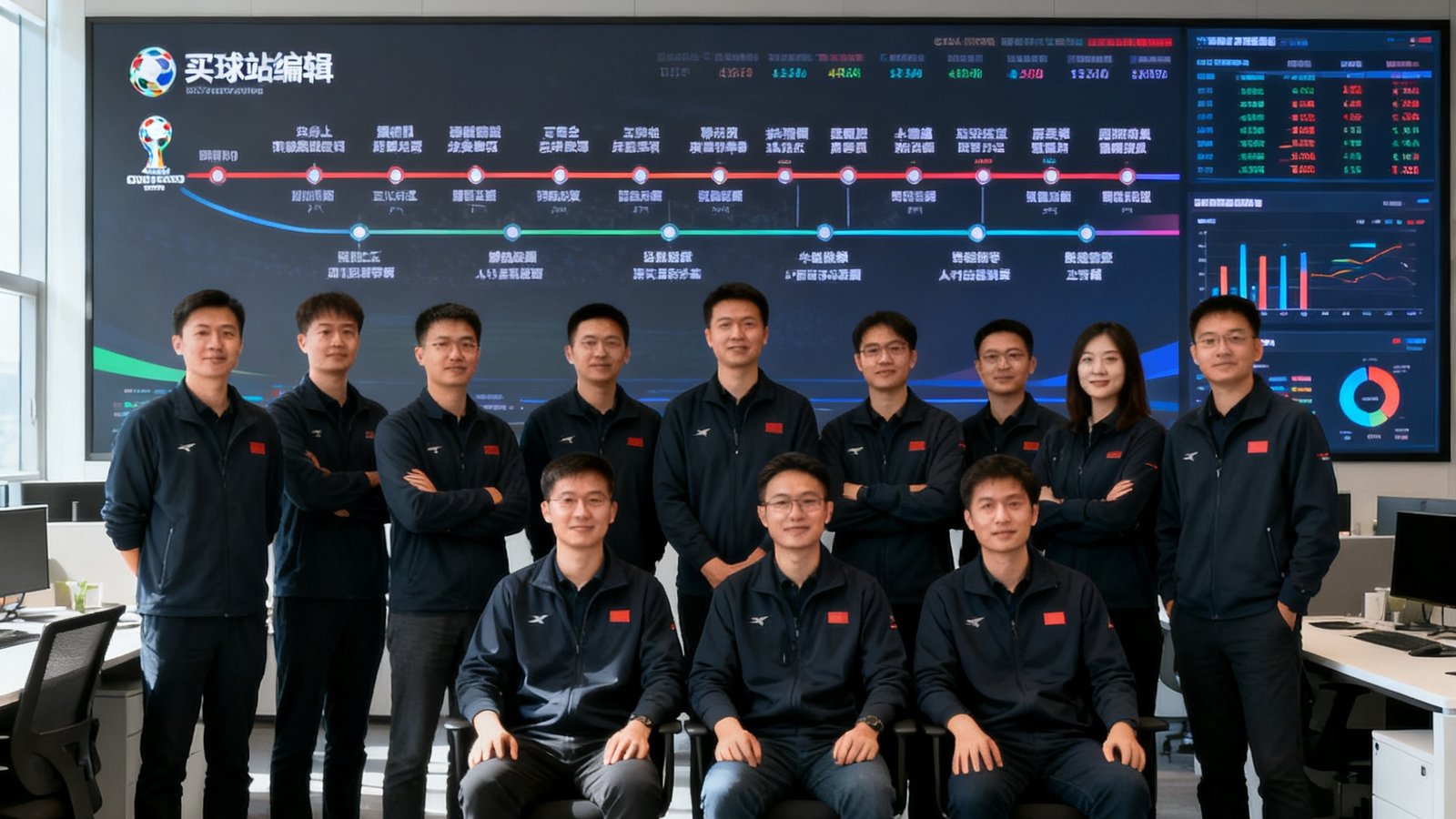 买球站编辑团队在现代化办公室内合影，十二位成员身着统一深色工装，背景墙展示世界杯赛事时间轴和数据分析大屏
